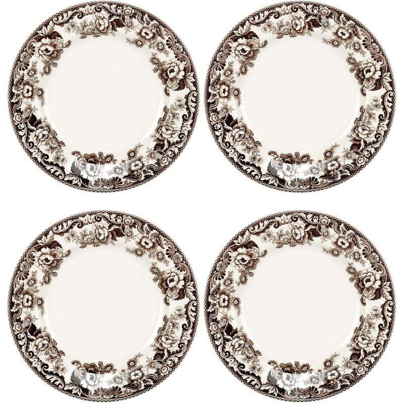 Classic Brown Floral Porcelain Dinner Plates, Set of 4