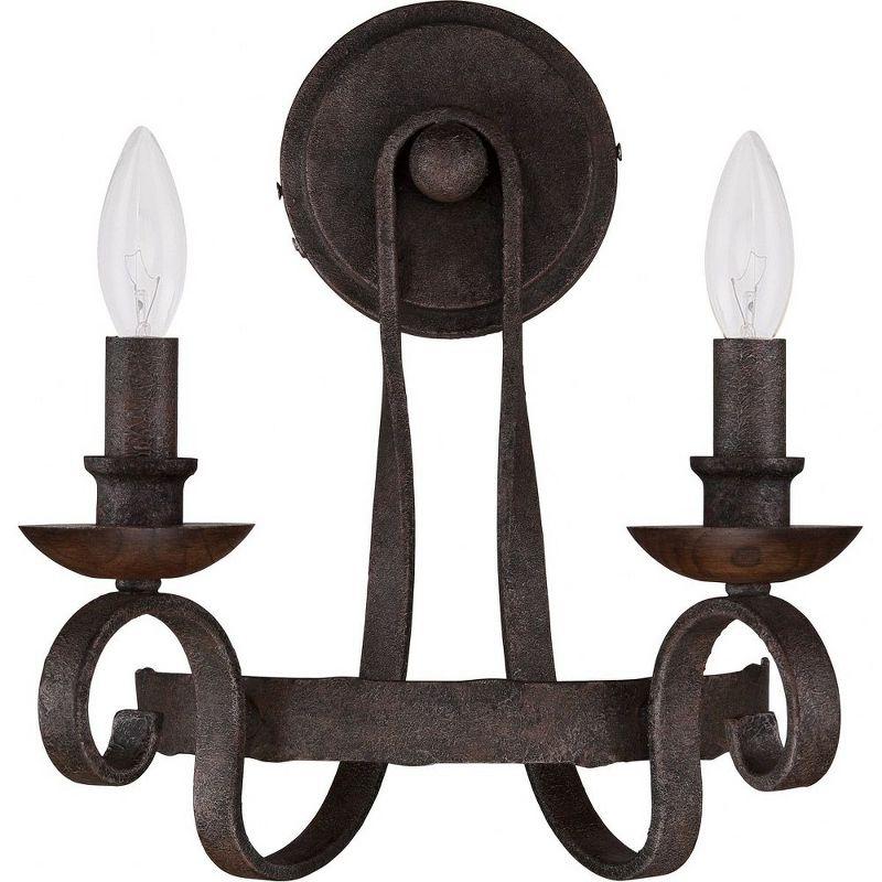 Rustic Black Hammered Metal and Walnut 2-Light Sconce