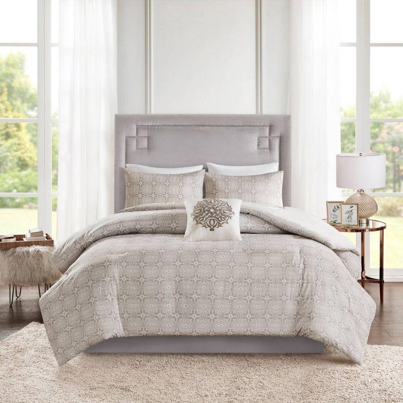 Ivory and Gray Embroidered Cotton King/Cal King Duvet Set