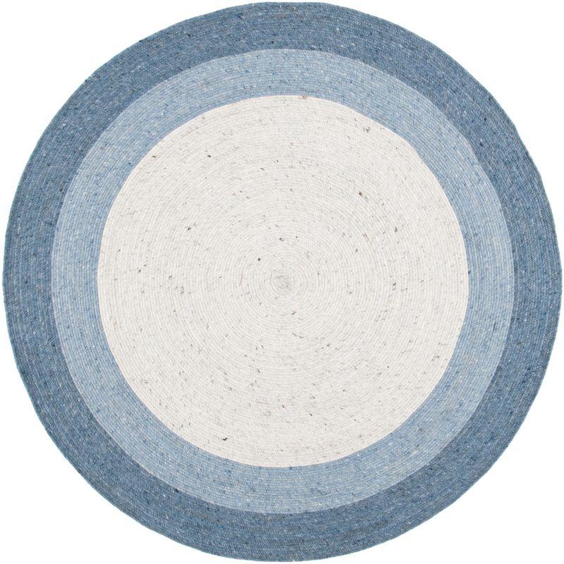 Ivory and Blue Round Braided Wool Area Rug, 6'