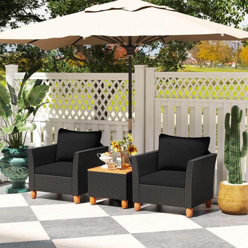Costway 3PCS Outdoor Patio Rattan Furniture Set Wooden Table Top Cushioned Sofa Black