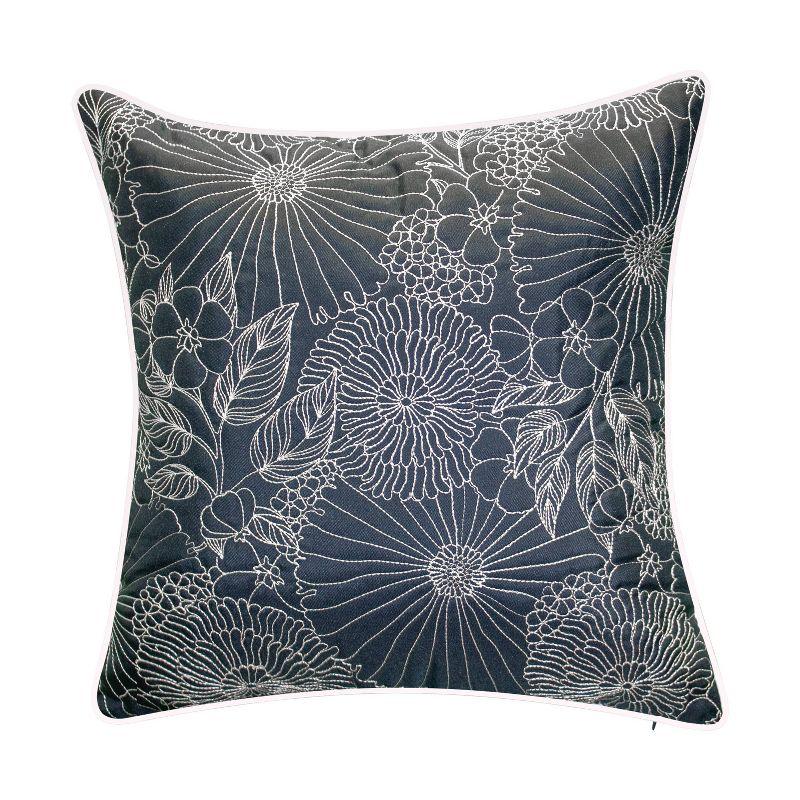 Navy and White Embroidered Floral Square Throw Pillow