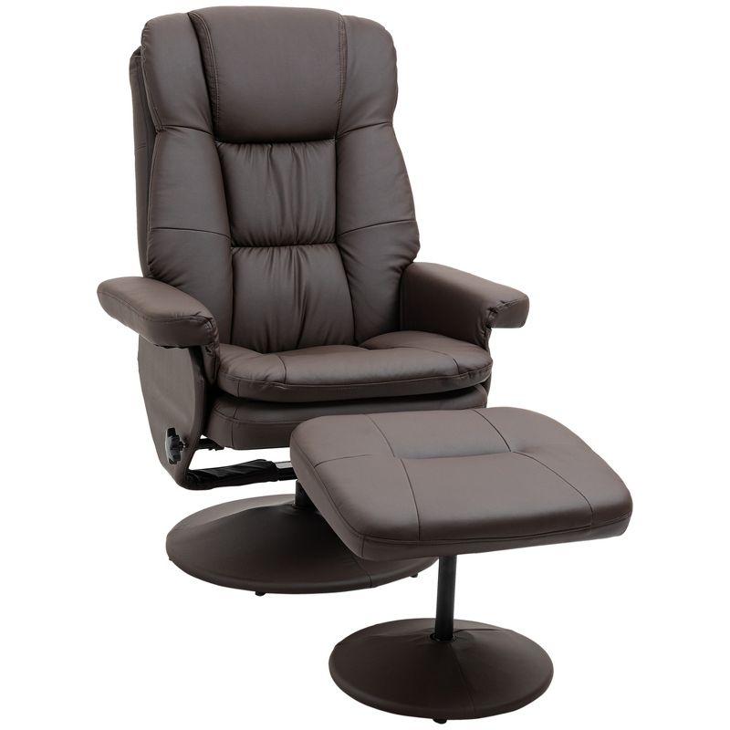 Swivel Brown Faux Leather Recliner with Ottoman and Metal Base