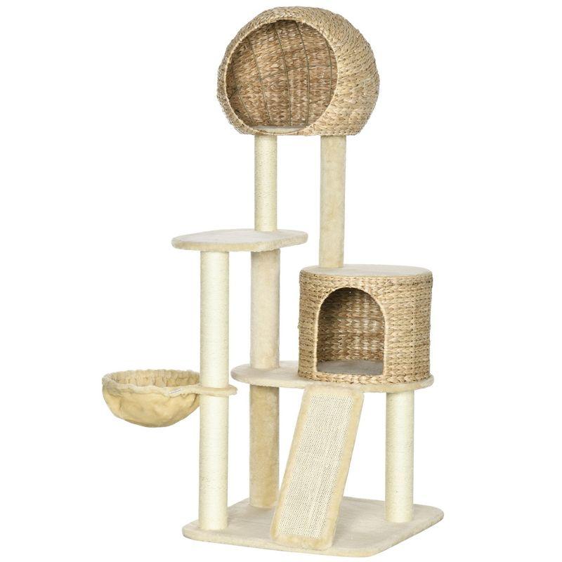 PawHut 59 Inch Cat Tree for Indoor Cats, Cat Tower with Cat Condo, Hammock, Perches, Scratching Posts, Ramp for Large Cats, Beige