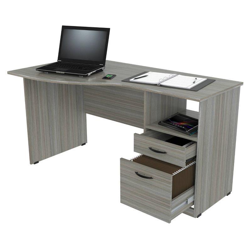 Curved Top Desk Smoke Oak - Inval: MDF Composite Office Table with File Drawer & Open Storage Shelf