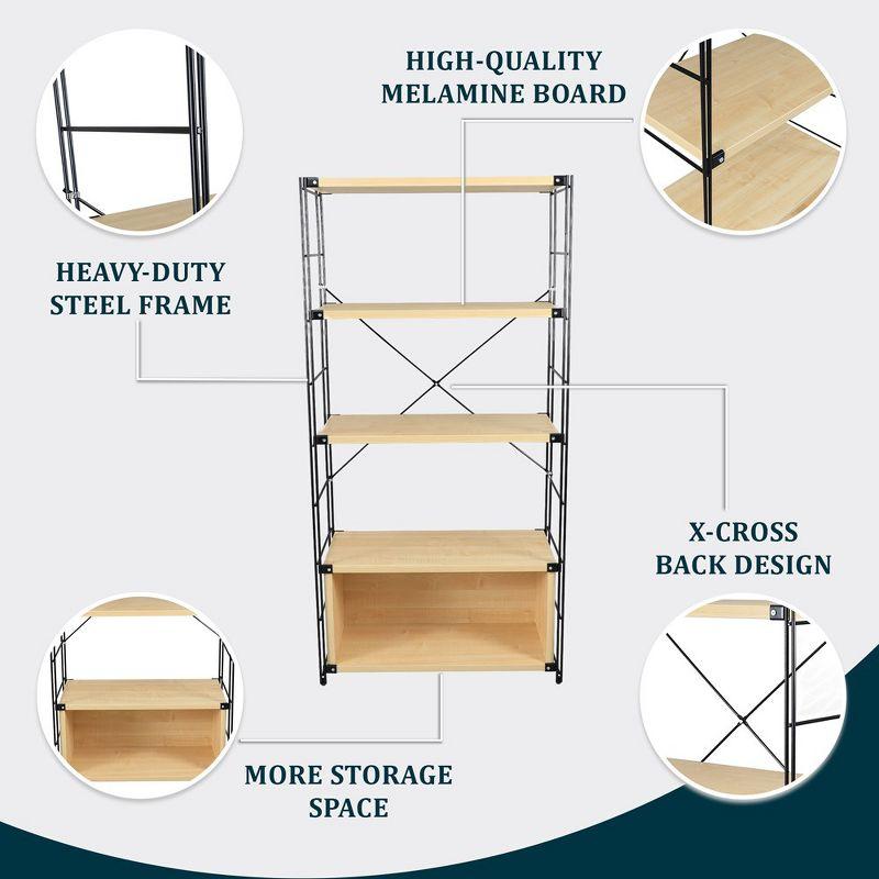 LeisureMod Etagere 4 Shelves Bookcase with Black Stainless Steel Frame and Melamine Board Shelves