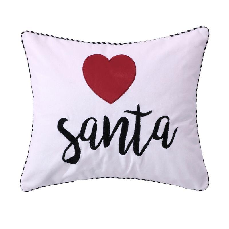 White and Red Embroidered Santa Heart Holiday Pillow