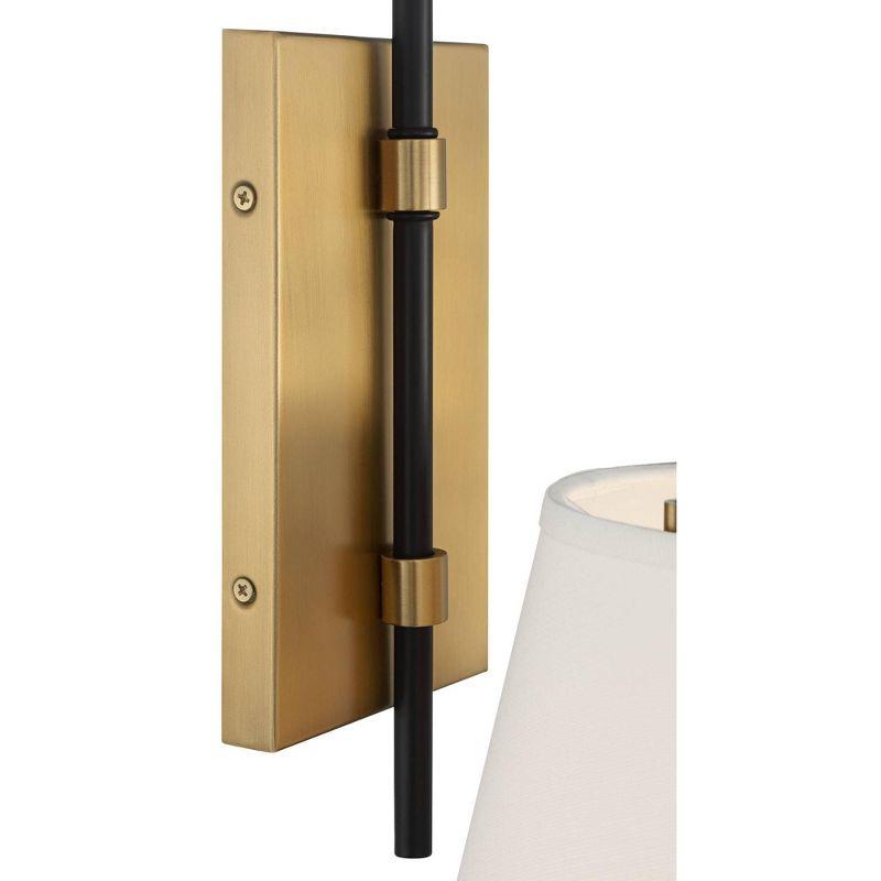 Possini Euro Design Mid Century Modern Wall Light Sconce Brass Black Hardwired 8" Fixture White Linen Shade for Bedroom Living Room