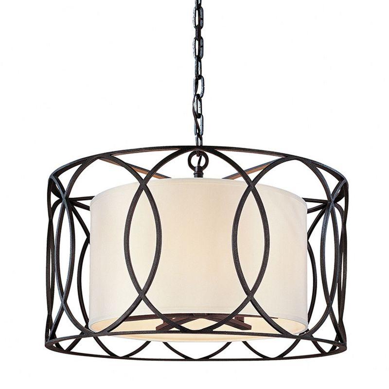 Deep Bronze Drum Pendant Light with Linen Shade