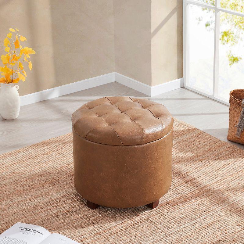 Ornavo Home Faux Leather Upholstered Round Tufted Storage Ottoman with Wooden Legs - Cognac