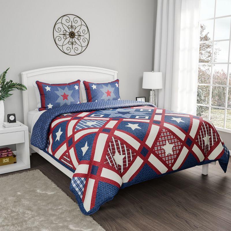 Patriotic Americana Twin Microfiber Quilt Set in Red, White, and Blue