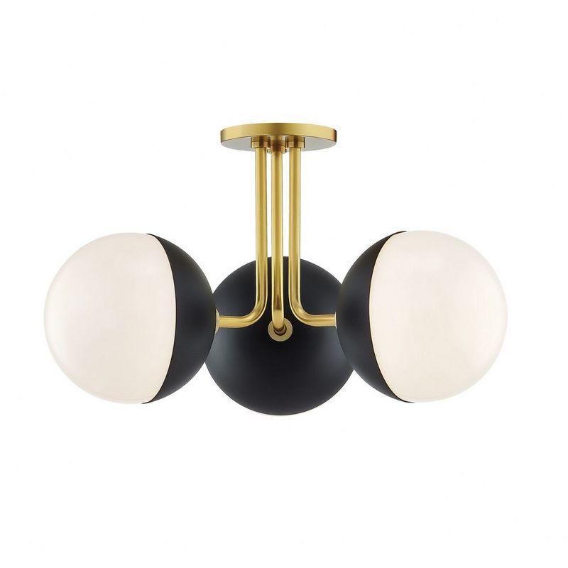 Aged Brass & Black 3-Light Globe Semi Flush with Opal Glossy Glass