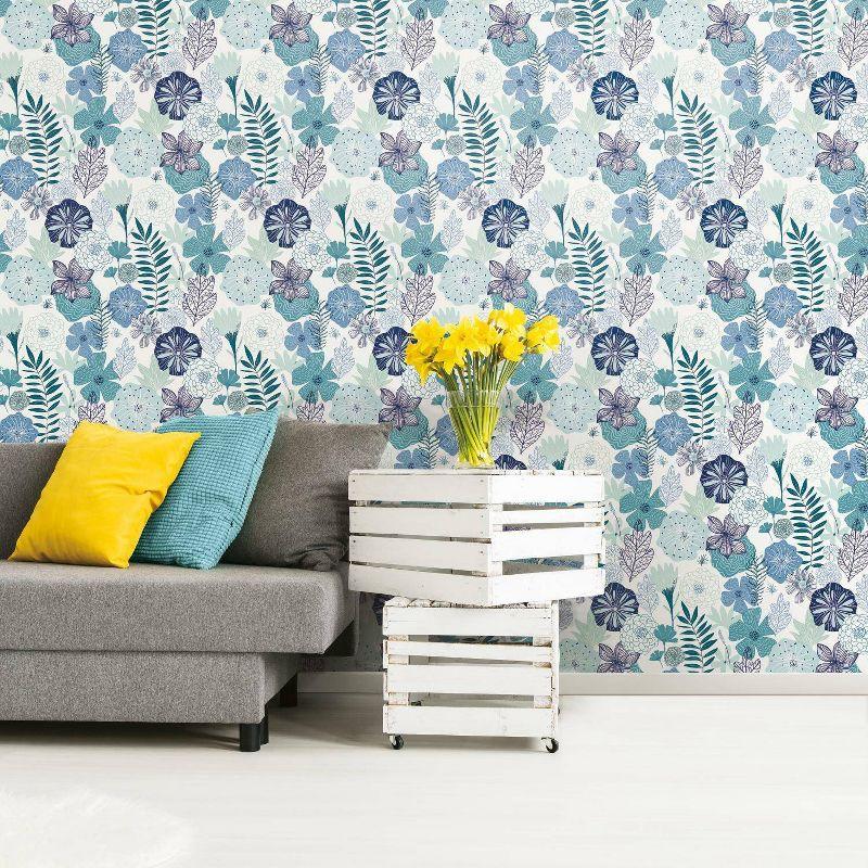 RoomMates Blooms Peel and Stick Wallpaper: Self-Adhesive Vinyl, Modern Floral, Repositionable, 28 Sq Ft Coverage, Blue