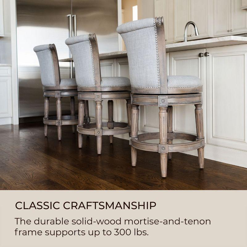 Maven Lane Pullman 31 Inch Tall Bar Height Upholstered Barstool with Back in Reclaimed Oak Finish with Ash Grey Fabric Cushion Seat, Set of 3