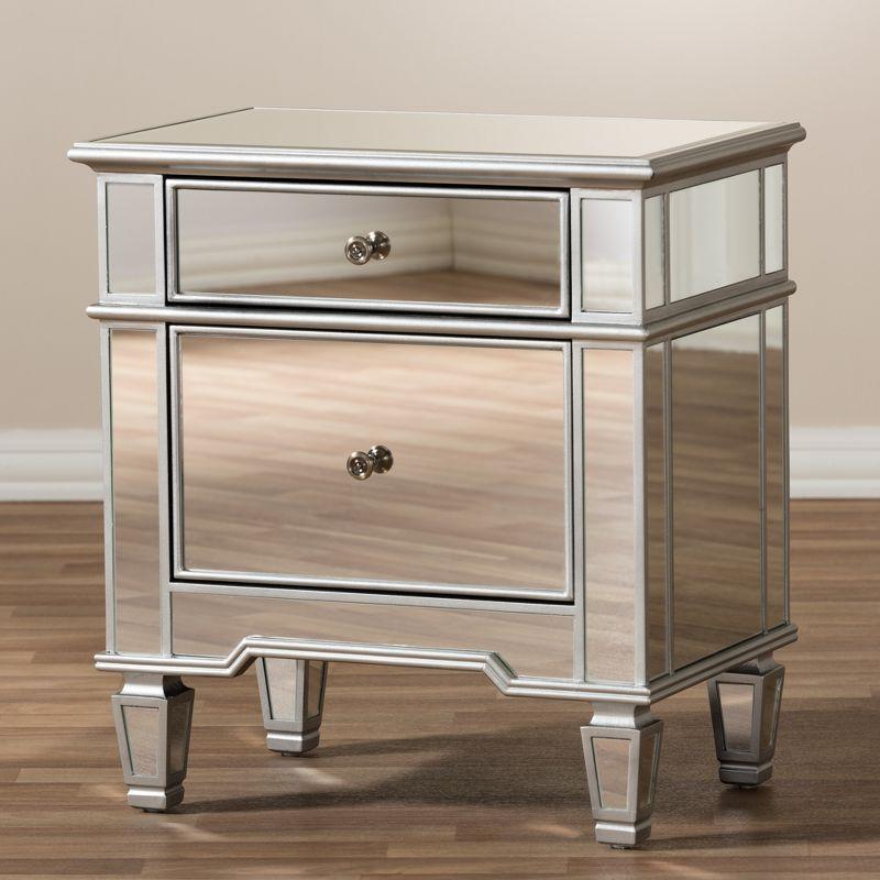 Sussie Hollywood Regency Glamour Style Mirrored 2 - Drawer Nightstand - Baxton Studio: Bronze Hardware, Beveled Top