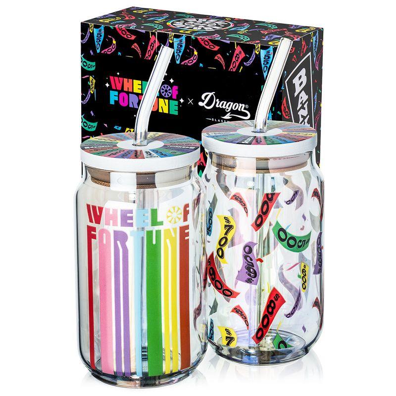 Wheel of Fortune Multicolor Glass Tumblers with Lids and Straws Set of 2