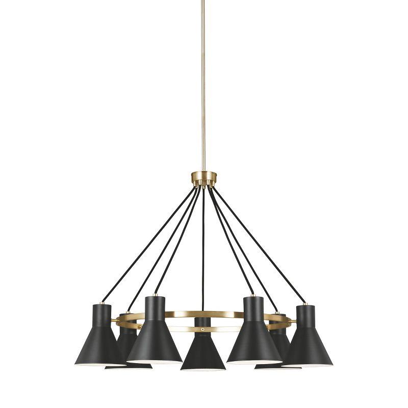 Satin Brass and Black Steel Mid-Century 7-Light Chandelier