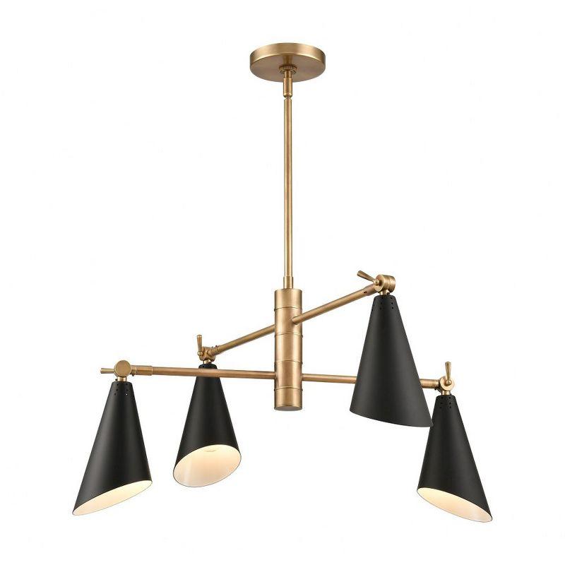 Natural Brass and Matte Black 4-Light Metal Chandelier