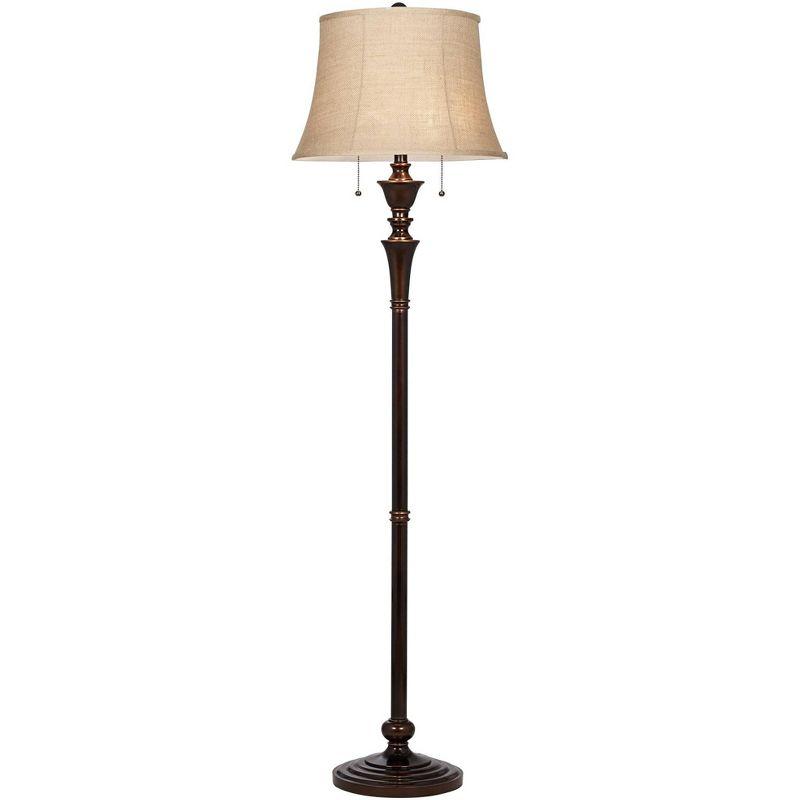 Regency Hill Brooke Rustic Vintage Retro Floor Lamp Standing 60" Tall Rich Bronze Copper Burlap Bell Shade for Living Room Bedroom Office House Home