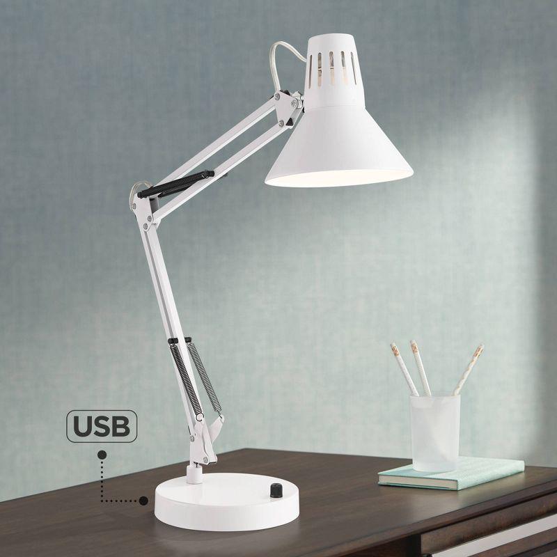 Adjustable White Metal Architect Desk Lamp with USB Ports