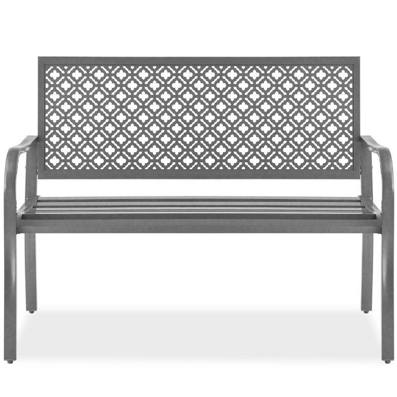 Gray Steel 2-Person Outdoor Garden Bench with Geometric Backrest