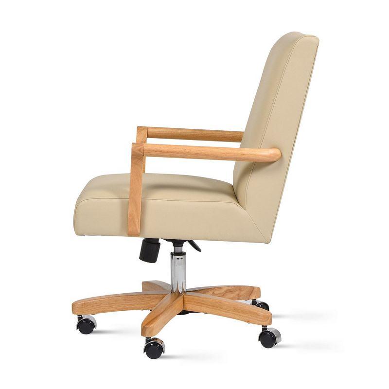 Dumont Modern Farmhouse High Back Executive Home Office Chair, Neutral Cream Beige Leather & Natural Wood