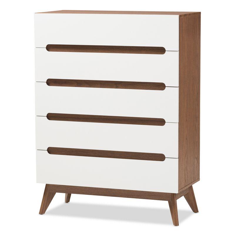 Calypso Mid-Century Modern Wood 5 Drawer Storage Chest Brown - Baxton Studio: Vertical Dresser for Bedroom, MDF Composite