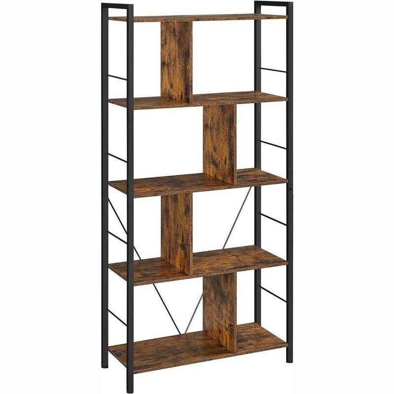 Rustic Brown and Black 5-Tier Ladder Bookshelf with Steel Frame