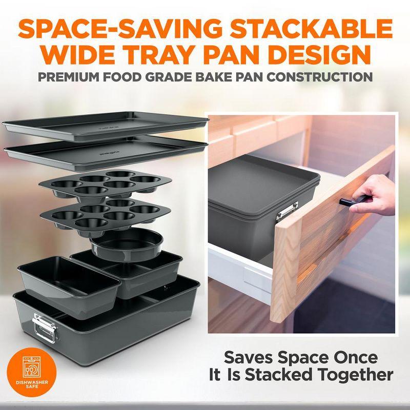 NutriChef 8-Pcs Stackable Carbon Steel Bakeware Set - Non-Stick Coating, Oven Bake Tray Sheets (Gray)