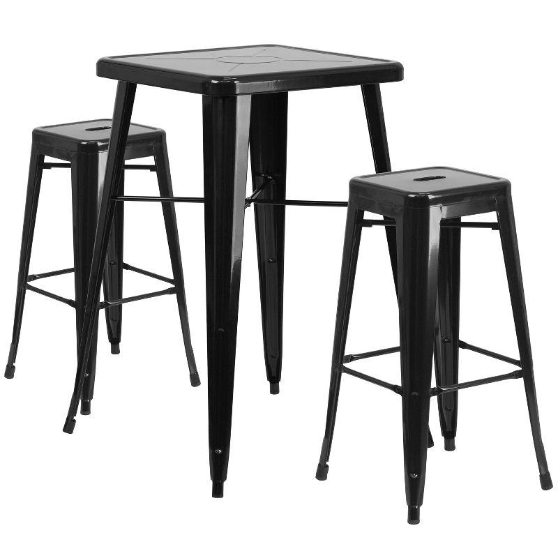 Black Steel Indoor-Outdoor Bar Table Set with 2 Stools