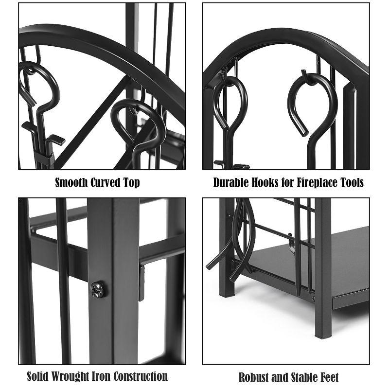 Tangkula Fireplace Log Rack with 4-Piece Fireplace Tools Wrought Iron Storage Logs Holder with Poker Black