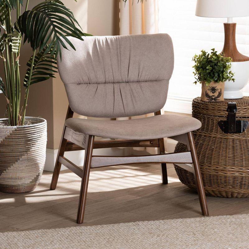 Beige and Walnut Brown Leather Wood Slipper Chair