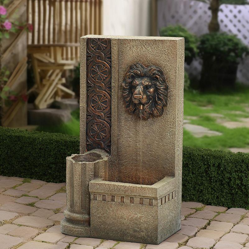 LuxenHome 25.8" H Sandstone Resin Regal Lion Head Floor Outdoor Water Fountain with Lights Brown