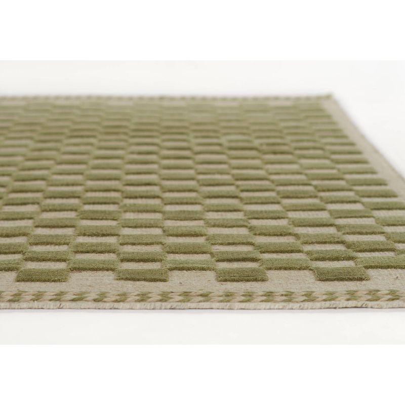 Handwoven Green and Beige Wool Checkered Rectangular Rug