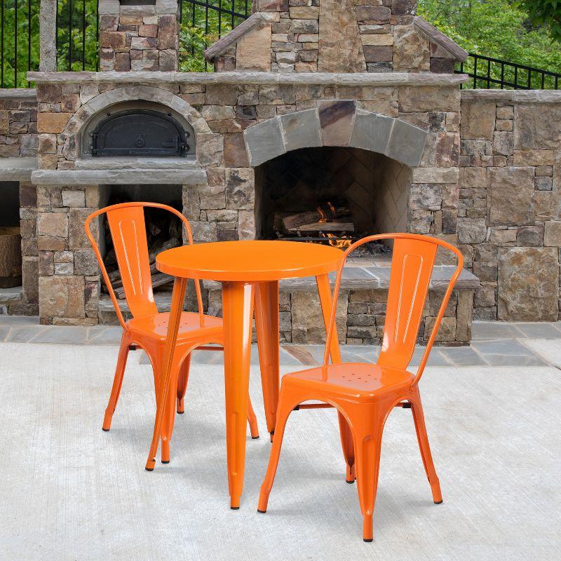 24" Round Orange Metal Indoor-Outdoor Table Set with 2 Chairs