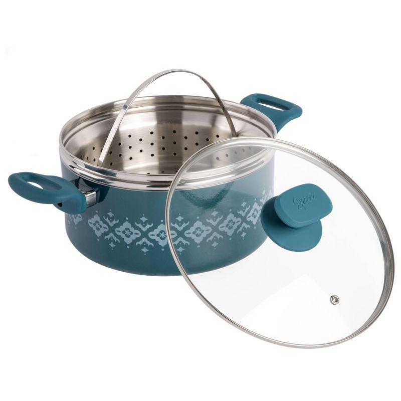 Spice By Tia Mowry Savory Saffron Nonstick Ceramic Dutch Oven With Stainless Steel Steamer, 5-Quart, Charcoal, Enamel Exterior, Stay-Cool Handles