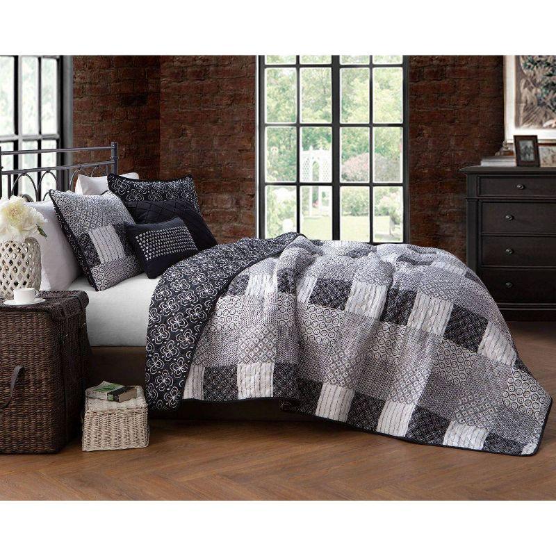 Geneva Home Fashions Queen 5pc Avondale Manor Evangeline Quilt & Sham Set Black: Geometric Pattern, Midweight Fabric, Machine Washable