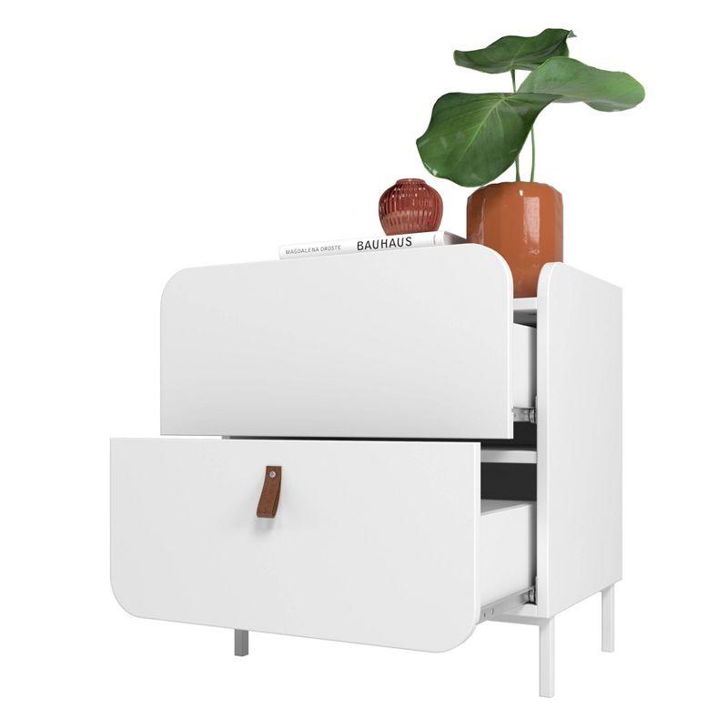 Manhattan Comfort Set of 2 Bogardus Mid Century Modern Nightstands White: Rounded Drawer, Leather Pull, Particle Board