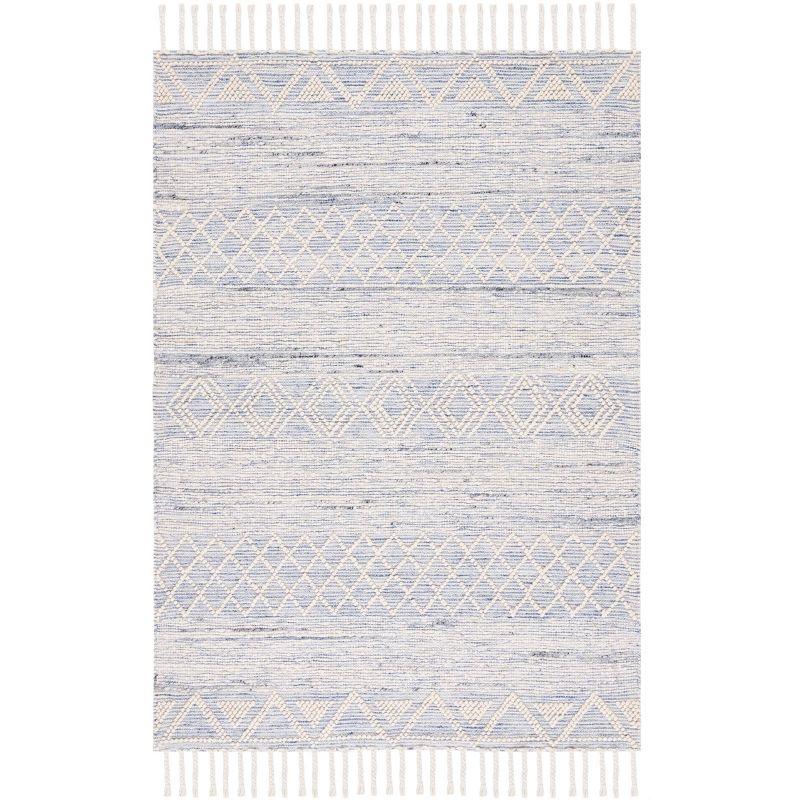 Ivory and Blue Handwoven Wool Area Rug with Fringe