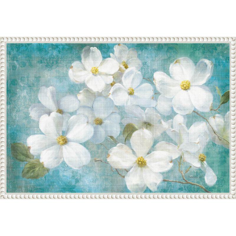 White Dogwood Blossoms on Teal Canvas Wall Art