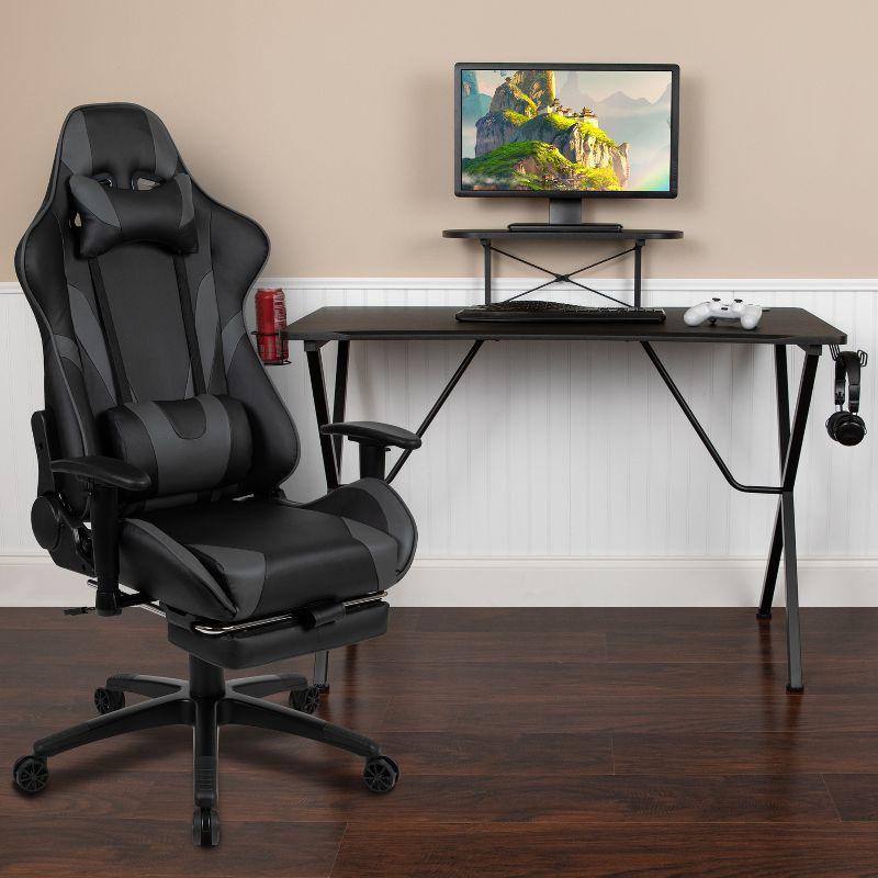 Ergonomic Black and Gray Gaming Desk and Chair Set with Footrest and Cup Holder