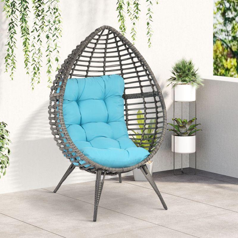 Outsunny Egg Chair w/ Soft Cushion, Teardrop Cuddle Seat, Outdoor / Indoor, PE Plastic Rattan Furniture, Adjustable Height, sky Blue