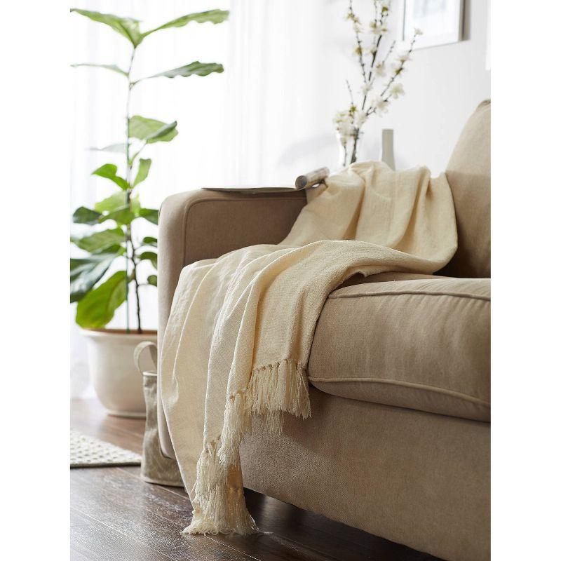 Cream Knitted Chenille Throw Blanket with Fringe