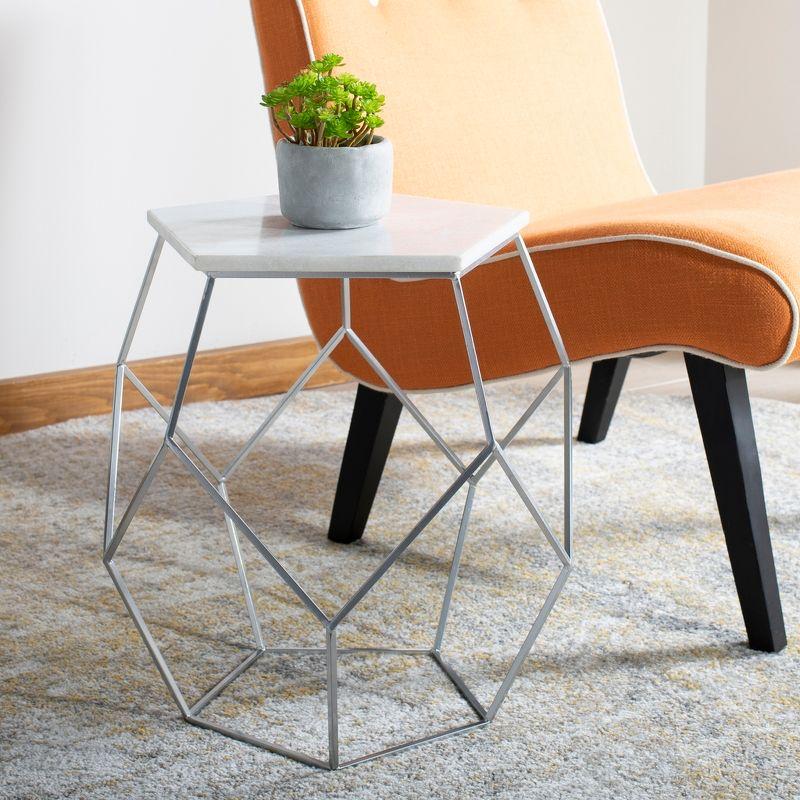 Transitional Hexagonal 18" Silver Stone & Metal Side Table