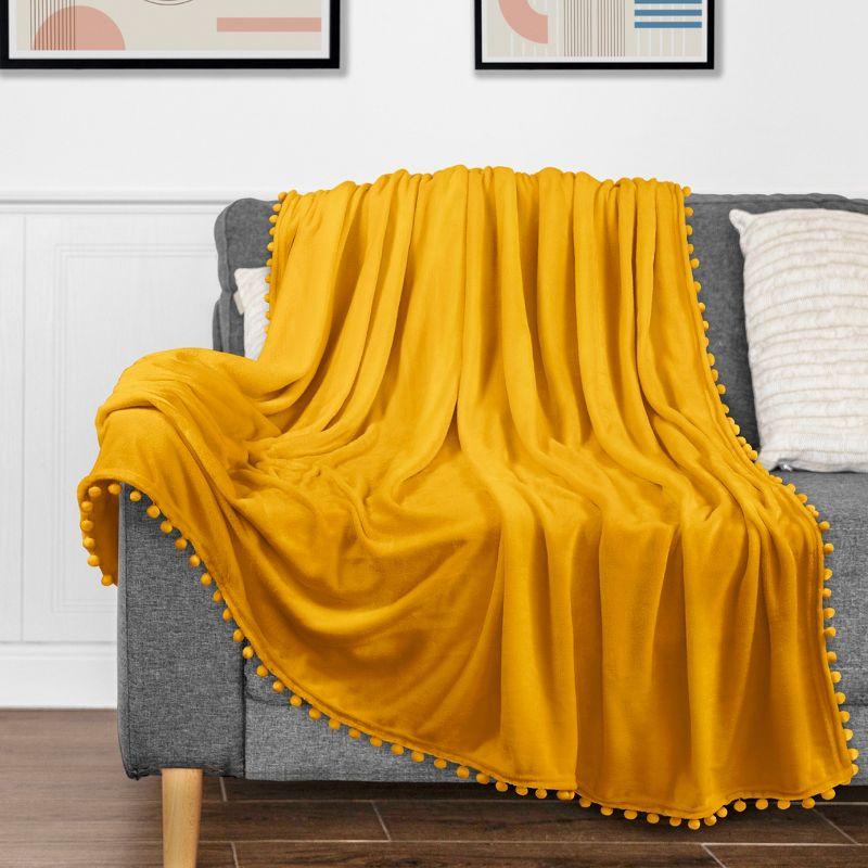 Cozy Mustard Yellow Twin Fleece Throw with Pom Pom Fringe