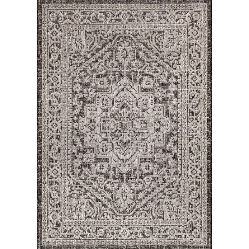 3'x5' Sinjuri Medallion Textured Weave Indoor/Outdoor Area Rug, Gray/Black - JONATHAN Y