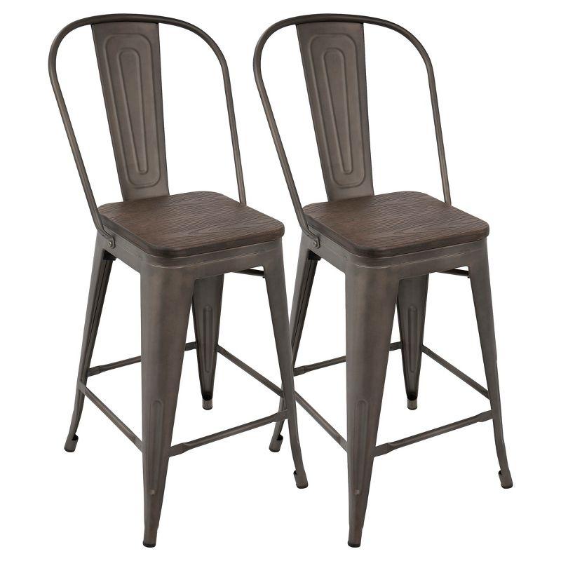 Antique and Espresso Industrial High Back Counter Stools - Set of 2
