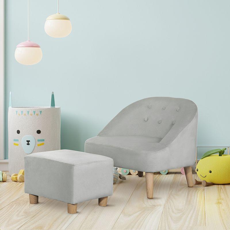 Gray Velvet Kids Sofa Chair and Ottoman Set with Wood Legs