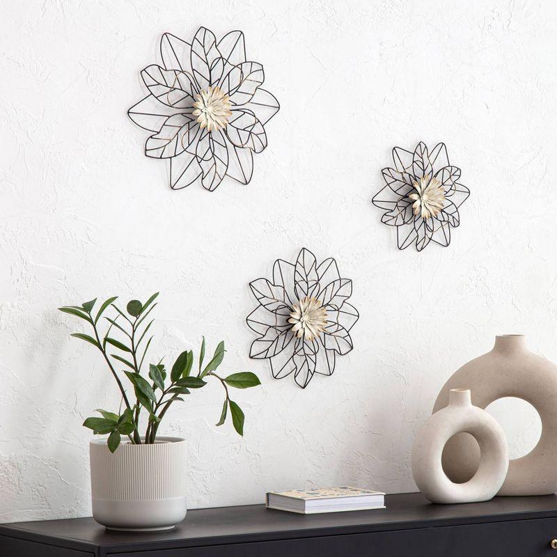 Brewster (Set of 3) Maggie Black Flower Metal Wall Arts: Iron Sculptures, Modern Decor, Botanical Theme