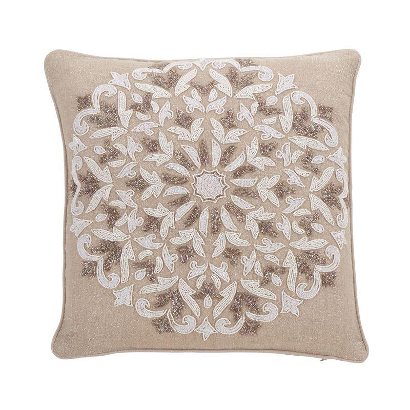 Natural Linen Square Embroidered Beaded Throw Pillow